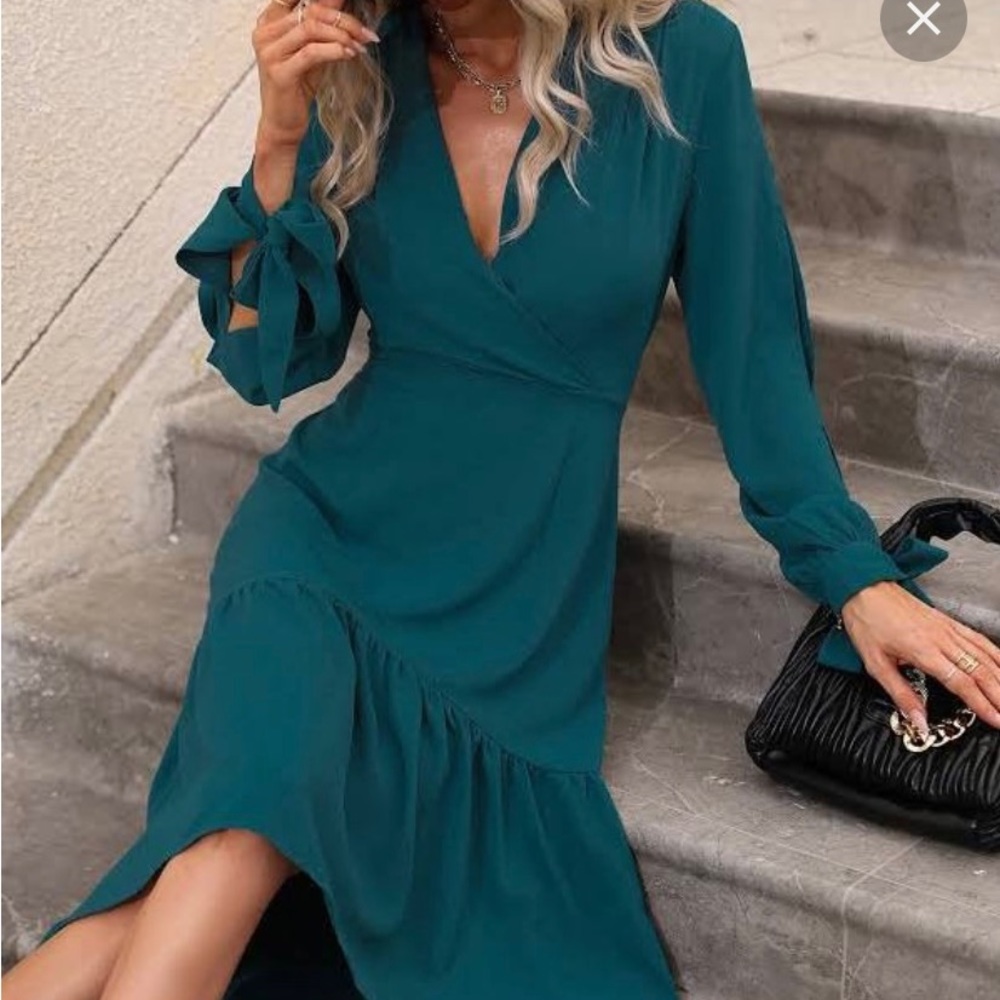 Shein Deep Teal Surplice Neck Ruffle Hem Knot Cuff S Dress NEW